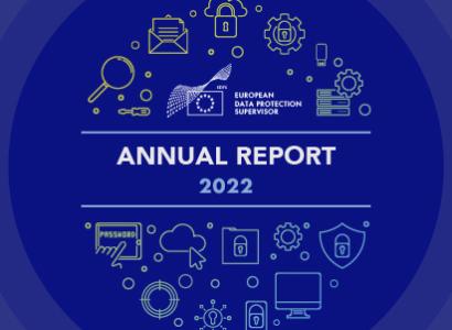 Annual Report 2022 cover, in shades of blue, with icons related to privacy, such as a computer, a lock, a key.