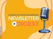  newsletter digest in big letters, orange background, with grey microphone