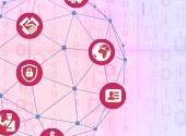 a circle with connected dots and icons symbolising different aspects of data protection: a globe, ID card, people, lock, statistics, handshake, money, law enforcement.