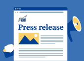 press release illustration with blue background and icons presenting news like an opened envelope and megaphone